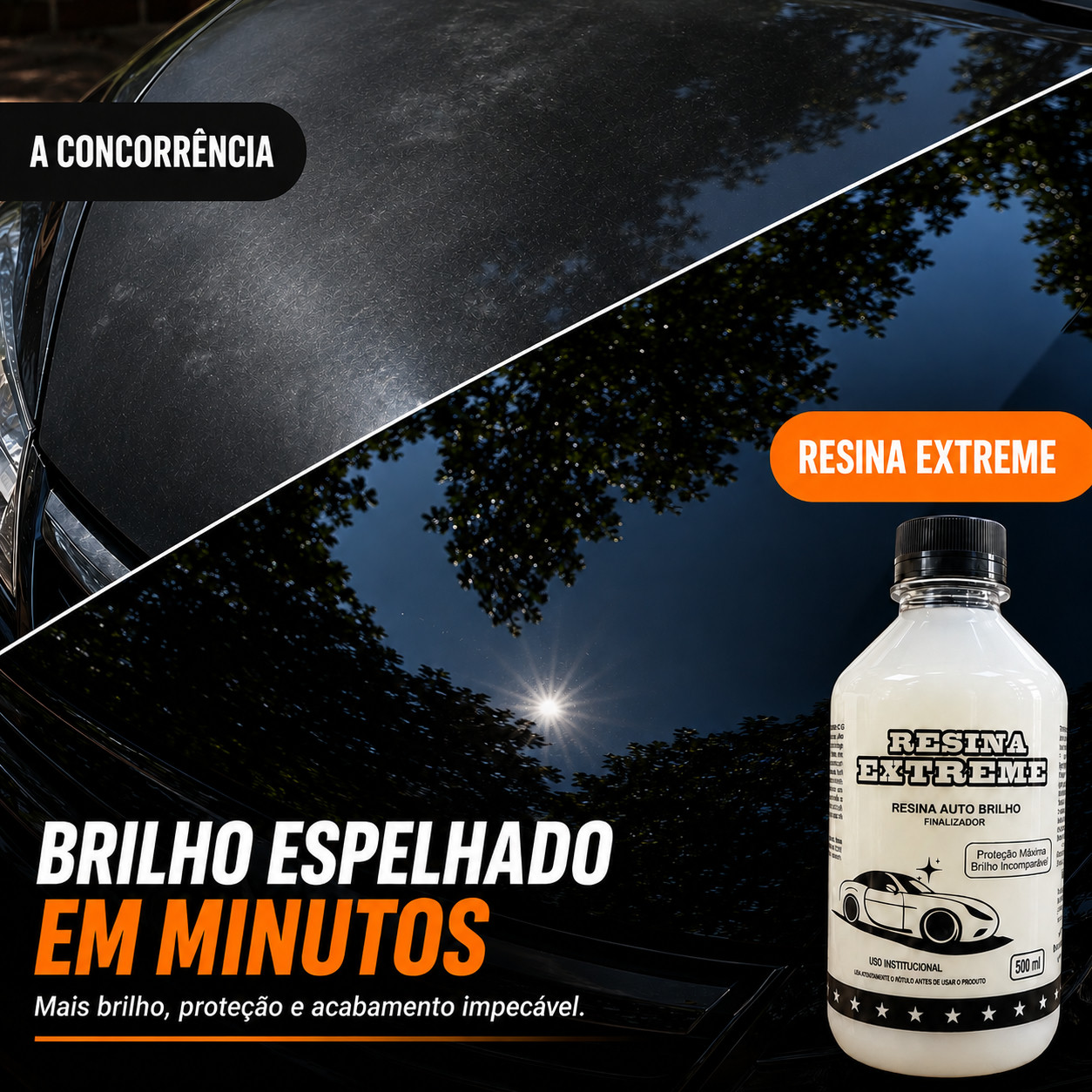 Comparativo lado a lado: capo opaco e riscado tratado pela concorrencia contra o mesmo capo com Resina Extreme, refletindo o ceu como espelho