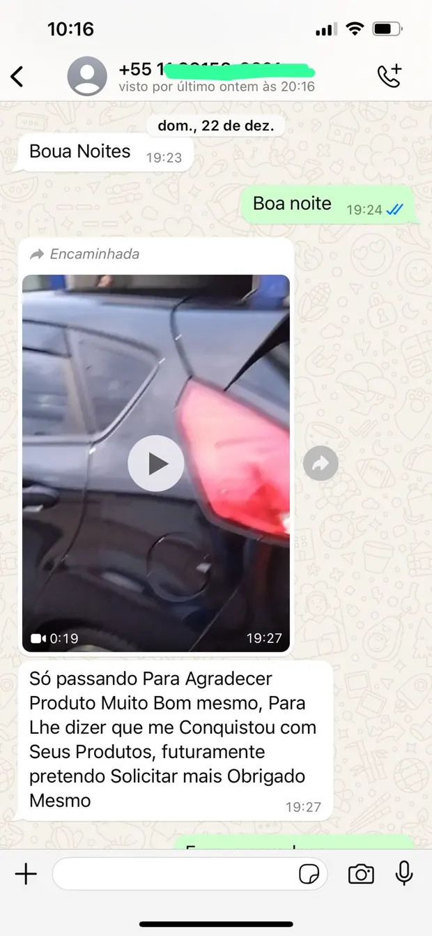 Conversa de WhatsApp: cliente agradece, diz que o produto e muito bom e que pretende comprar novamente